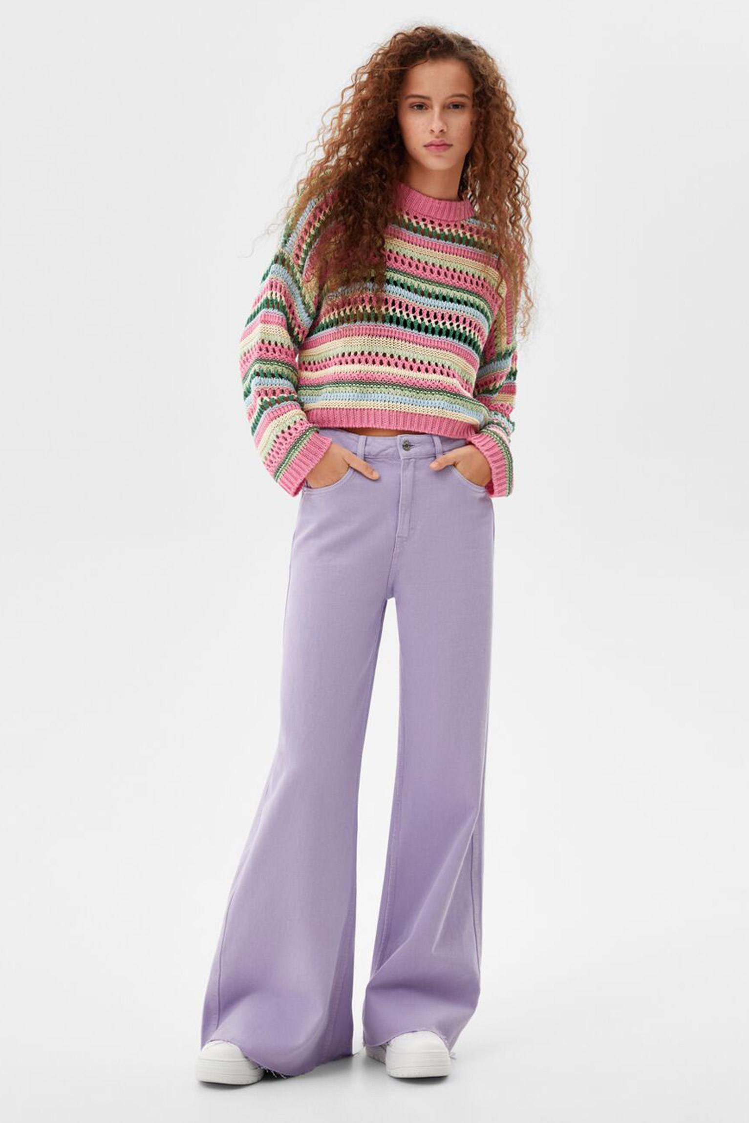 Multicolored Open-Knit Crewneck Sweater