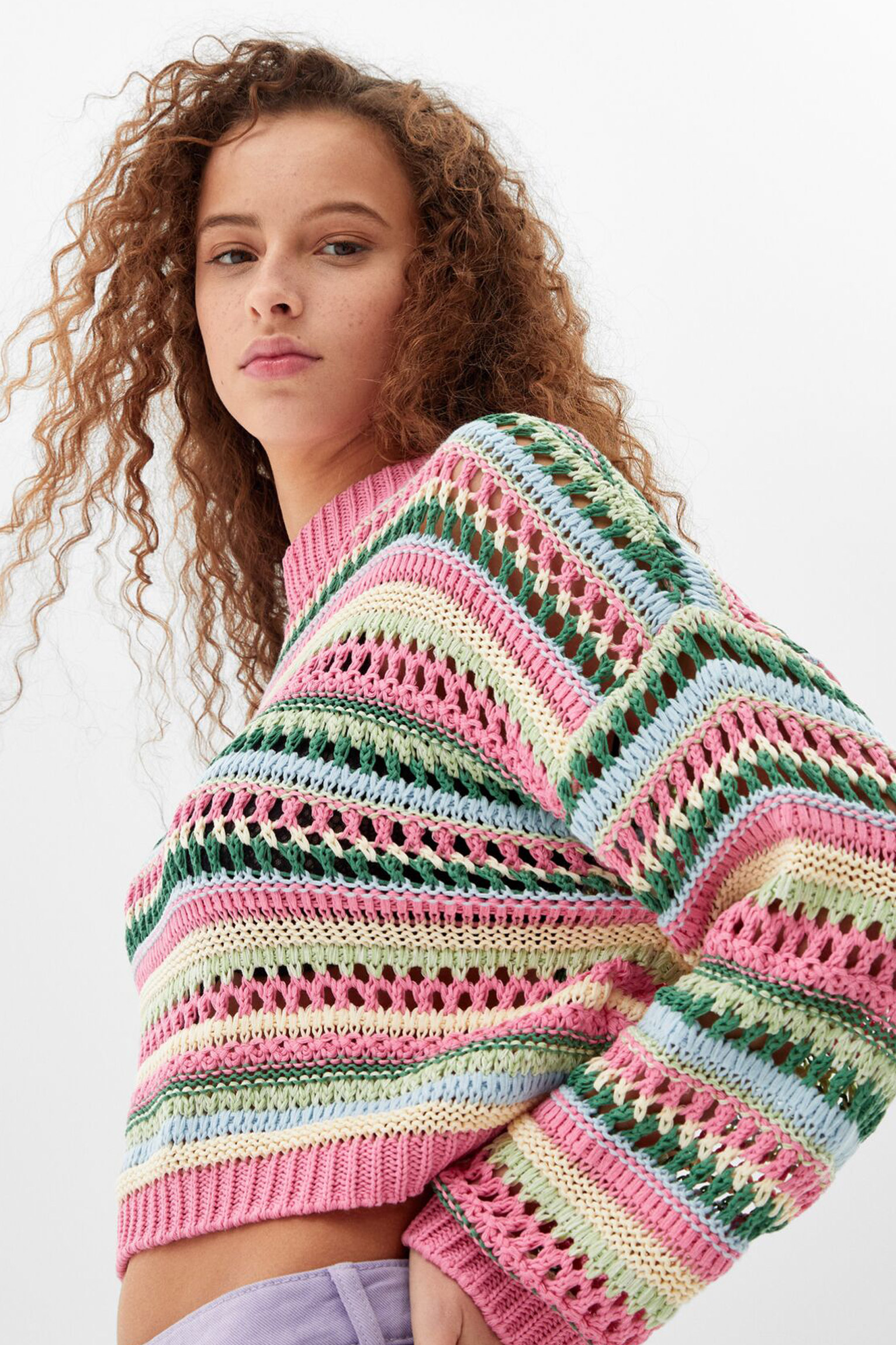 Multicolored Open-Knit Crewneck Sweater
