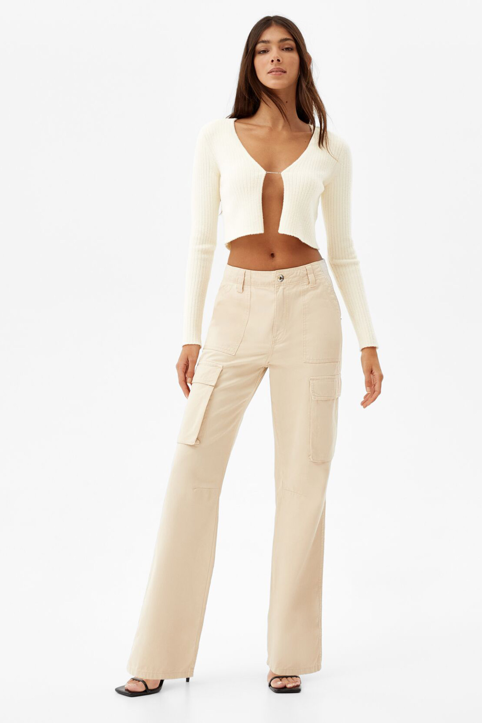ribbed4 Ribbed V-Neck Cardigan With Rhinestone Detail